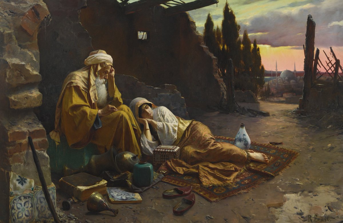 Bir yangın tablosu değil ama yangın sonrası çaresizliği gösteren bir Rudolf Ernst tablosu. Paris'li Neurdein Frères tarafından basılan bir kartpostalı da var   