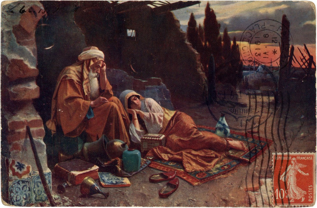 Bir yangın tablosu değil ama yangın sonrası çaresizliği gösteren bir Rudolf Ernst tablosu. Paris'li Neurdein Frères tarafından basılan bir kartpostalı da var   