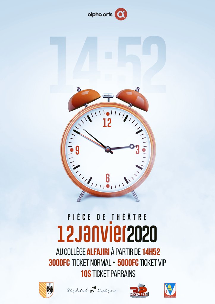 KubotaJospin's tweet photo. Le Spectacle le plus attendu à Bukavu est à votre Porte: #14H52, ce 12 janvier 2020 à #14H52 Précises dans le Théâtre du Collège Alfajiri
Et pour qui doute que le Temps c'est de l'argent, voici #14H52 c'est #3000Fc (Tiquet Normal), #5000Fc (Tiquet VIP) et #10$ (Tiquet Parrain) https://t.co/lHizp46jlX