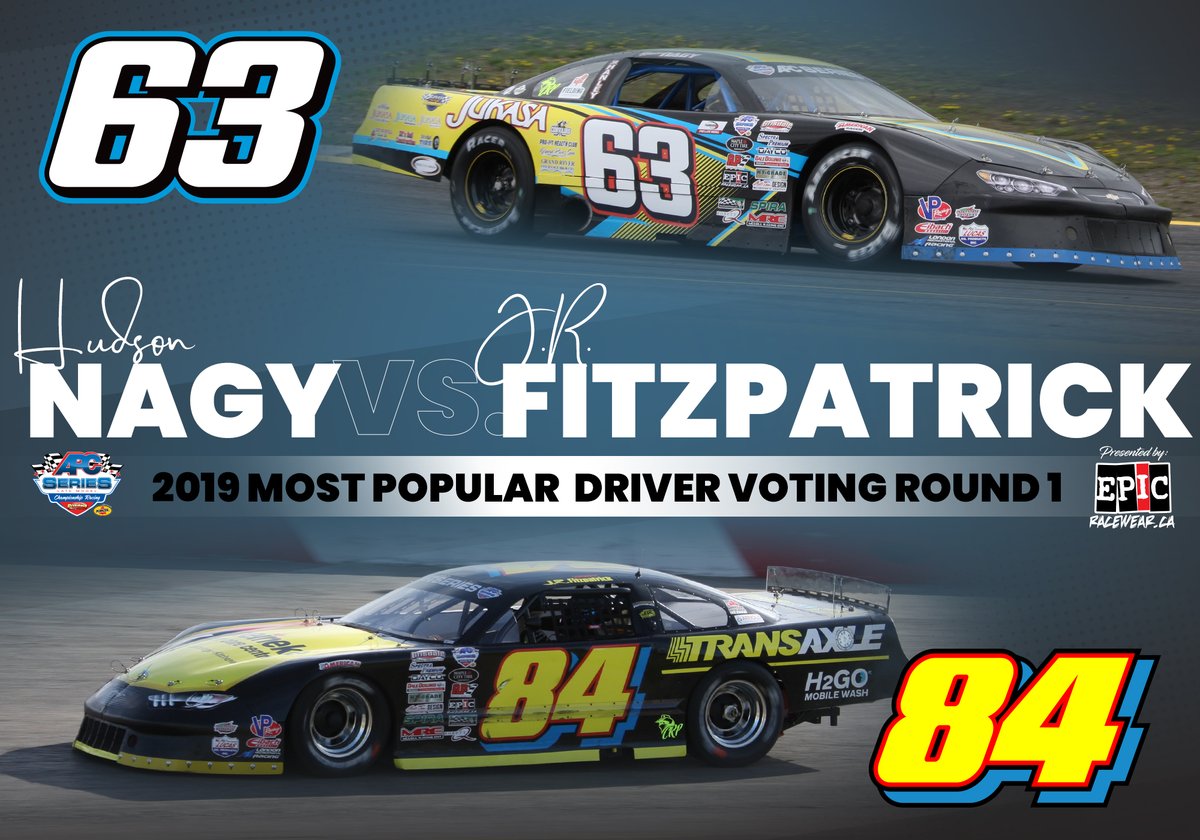 This is the final Elite 8 battle in the 2019 APC Series Most Popular Driver bracket presented by <a href="/EpicRaceWear_ca/">EpicRacewear.ca</a>!

Round 3 Battle 4 is #63 <a href="/HudsonNagy/">Hudson Nagy</a> Vs. #84 <a href="/J_R_Fitzpatrick/">J.R. Fitzpatrick</a>
 
Vote for #63 Nagy BY RETWEETING this post🔀
Vote for #84 Fitzpatrick by LIKING this post❤️