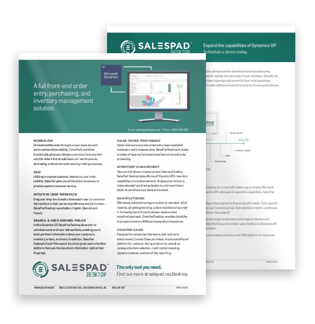 wearecavallo's tweet image. SalesPad Desktop is the total package for distribution and manufacturing companies. Fully integrated with #MicrosoftDynamicsGP, it&apos;ll accomplish everything you need it to, and then some. 
Check out SalesPad Desktop at-at-glance in our fact sheet:  bit.ly/2ExHjyt