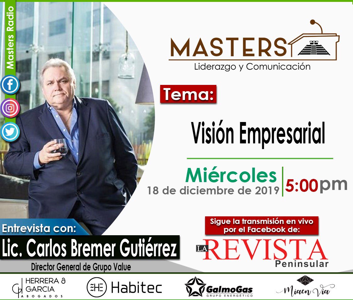 Hoy en punto de las 5:00 p.m. nos acompaña <a href="/carlosbremerg/">Carlos Bremer</a> 🦈, síguenos desde <a href="/LaRevistaP/">LaRevista</a> en fb.

<a href="/MastersRadio/">Masters Radio</a> 
#FormandoLíderes