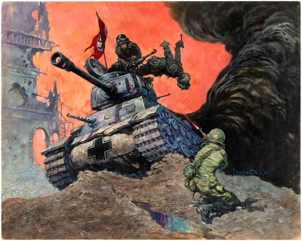 HakesAuctions's tweet photo. SOLD FOR $101,386! @HakesAuctions wants your #comicart! Look at the price we recently got for this #BlazingCombat #coverart by #FrankFrazetta! Want to downsize your #collection? Contact us today! 💰💰
#WorldWarII #WWII #tanks #comicbooks #ComicArtFans #FrazettaFans #FrazettaGirls https://t.co/7FHBATiXmE