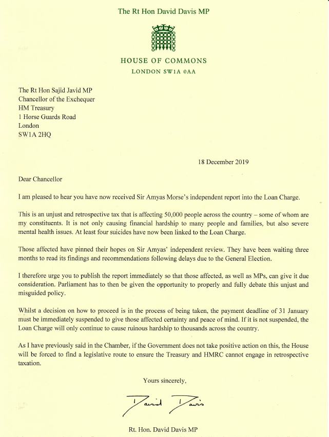 DavidDavisMP's tweet photo. Today I have written to @sajidjavid urging him to immediately publish the independent review into the Loan Charge and to suspend the payment deadline of 31 January. I will continue fighting this retrospective and unjust tax on behalf of my constituents. https://t.co/IHPXsH4zUk