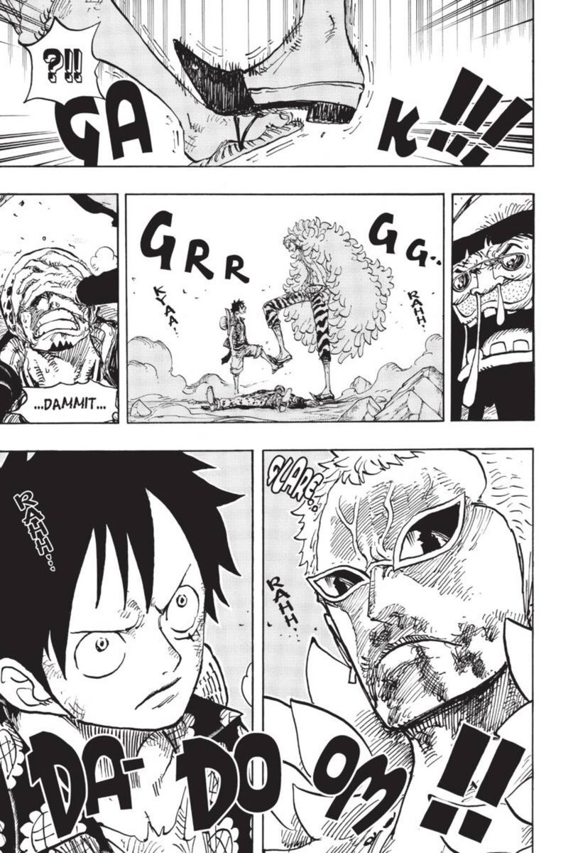 Standout Panel - Not to put too fine a point on it but One Piece is the kind of manga where a scene involving angry footsies can be riveting and engaging. Luffy literally stops the boot (or heel, in this instance) of the oppressor by putting himself in harm’s way.  #OPGrant