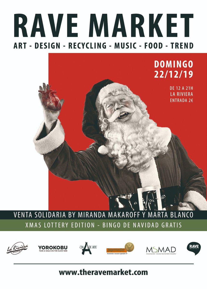 Este domingo 22 #RAVEMARKET “LOTTERY XMAS”Tendremos #Bingo gratis y repartiremos muchos regalos.80 stands de #Diseño y #SecondHand, expo de arte y un DJ Set de lujo. De 12 a 21h en <a href="/LaRivieraSala/">Sala La Riviera</a>.Entrada simbólica de 2€ con la que ayudáis a que este tipo de eventos sean posibles