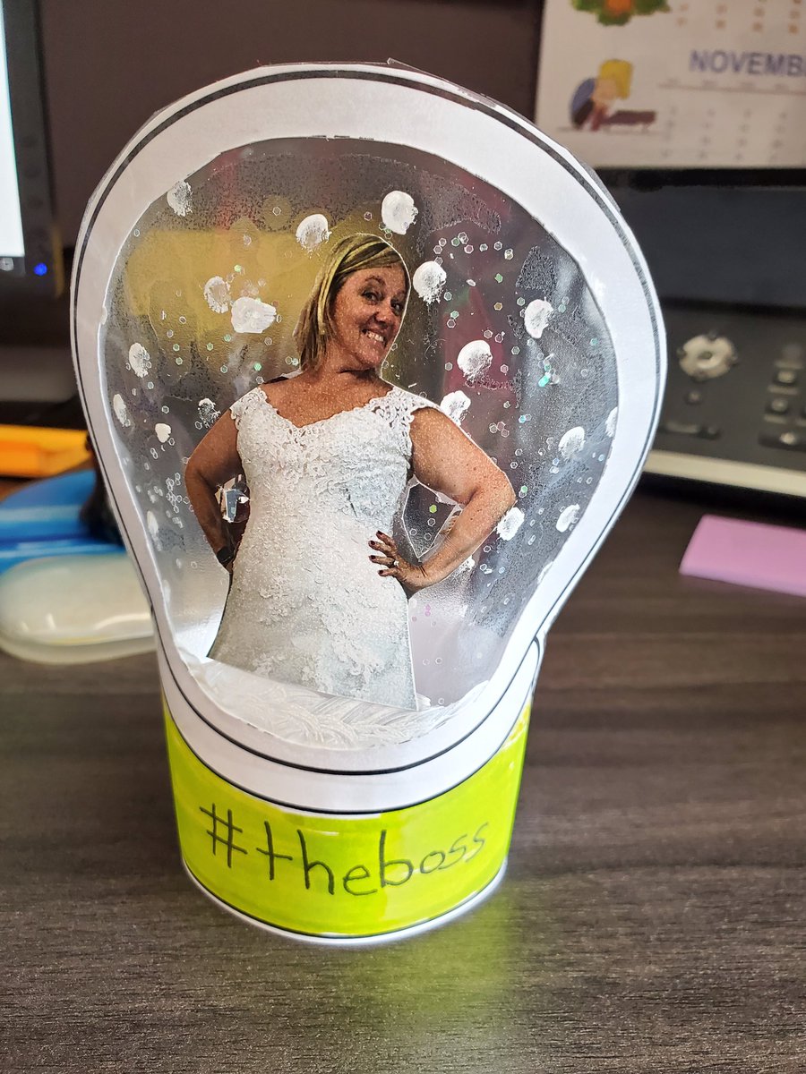 I work with a bunch of pranksters. I totally fit in 🤣 #ivebeensnowglobed #yesiaminaweddingdress #theboss #notgettingmarried @ParisKristin @mack1stgrade @MrsKGott