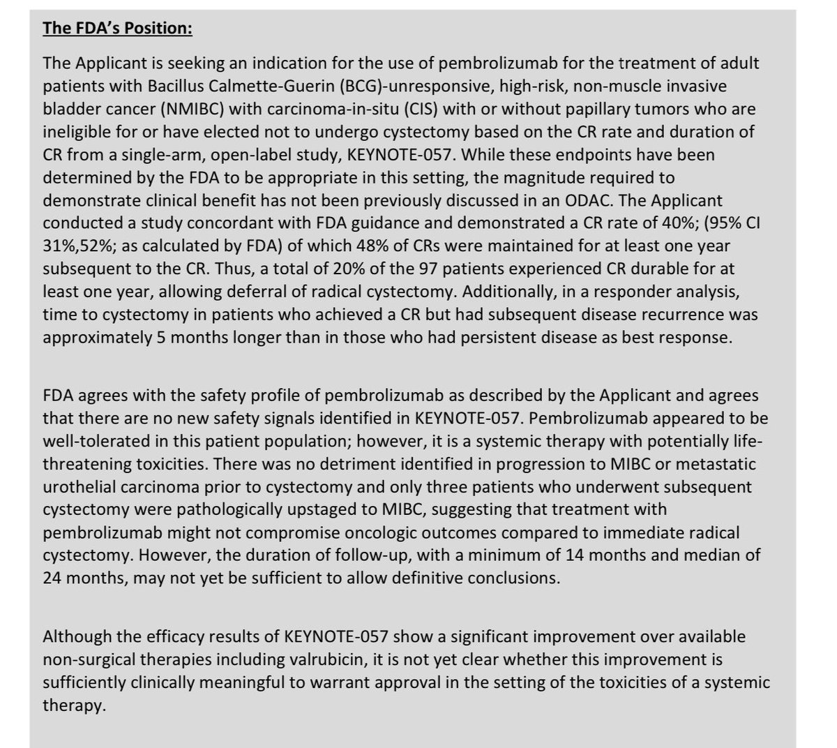 9/4 ➡️“Pembrolizumab provides a valuable treatment option for patients with BCG-unresponsive NMIBC with CIS who are ineligible for or decline RC, a clinical scenario for which no well-accepted treatment options are currently available.” #FDAODAC #bladdercancer