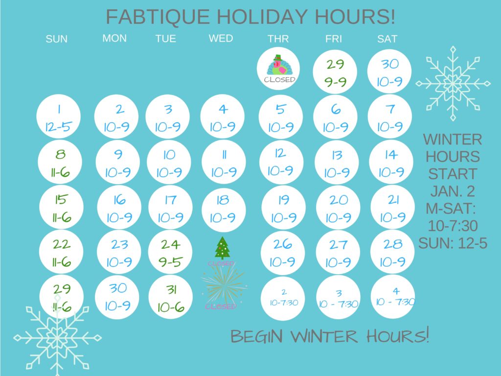 Fabtique_Style's tweet photo. Our 2019 Holiday Hours!!! - https://t.co/ScDHF1J5mk https://t.co/Mv21lnvo9l