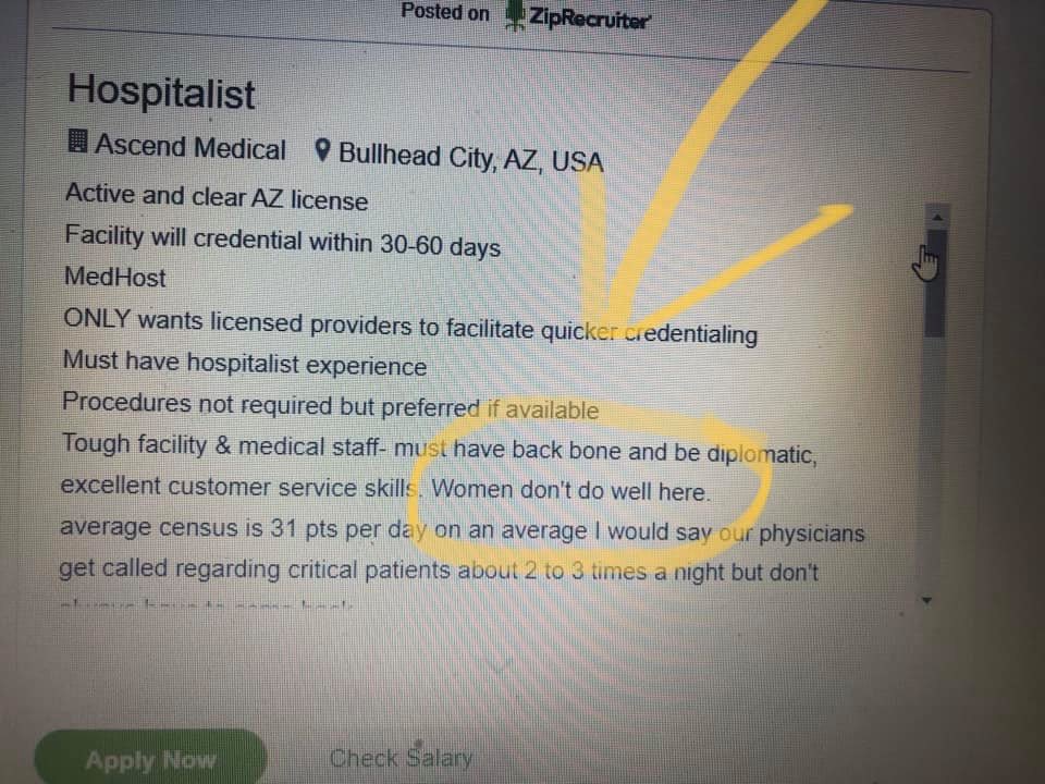 thaiscoutinhoCV's tweet photo. And then they say there is no gender bias in Medicine... Look at this hospitalist job ad from Arizona. 😡 https://t.co/XNkiqKRpRq https://t.co/0NYgynXo38