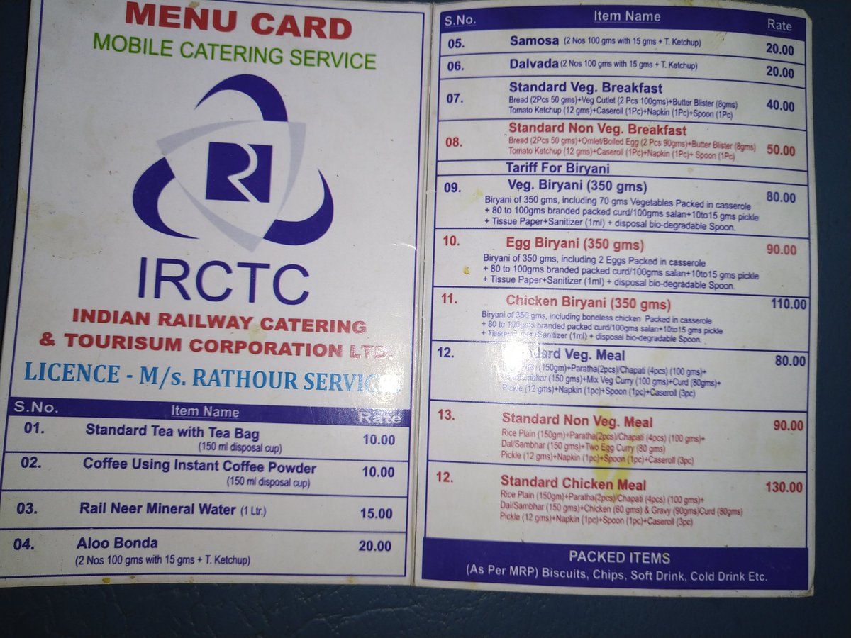lensandbonds's tweet photo. @RailMinIndia @RailwaySeva 

IRCTC website clearly mentions 60 gms of boneless chicken, and the vendors have cleverly omitted the word "boneless" from their printed menu.  What they are serving is somewhere approximately 40 gms of chicken "with bone"!
PNR-4263966522
Trn #: 22864 https://t.co/zeQdGr6EHd