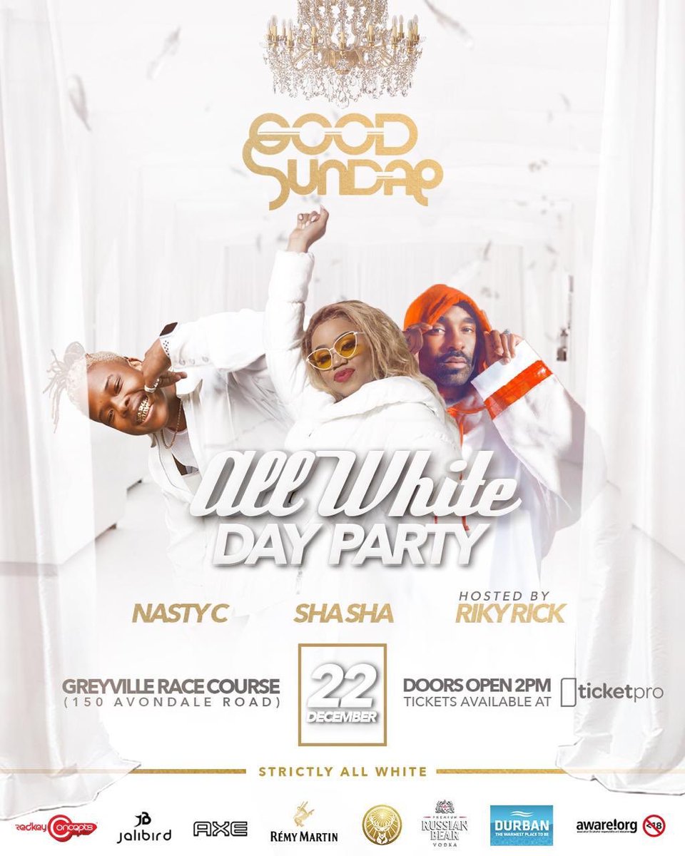 AndiMbhele's tweet image. 🚨🚨 Goodsundae All White 🚨🚨
This Sunday @goodsundaeeventproductions #AllWhiteDayParty what better way to spend summer ☀🌊.

Line Up:
@nasty_csa 
@shashaoffucial1 
Hosted By:
@rikyrickworld_ 
Table bookings are essential ‼️
redkeyconcepts@gmail.com