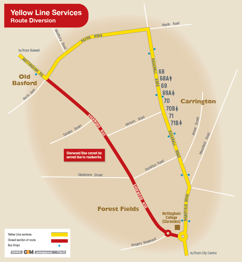 NCT_Buses's tweet image. When Sherwood Rise closes to buses in January for gas works, our Yellow Line buses will divert via Hucknall Road and Haydn Road in both directions.