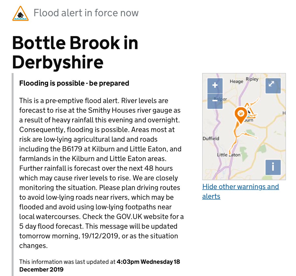 Paul_Reeves's tweet photo. A pre-emptive #FloodAlert has been issued for the #BottleBrook #Derbyshire. Brook levels are forecast to rise as a result of heavy rainfall this evening and overnight. Areas most at risk are low-lying agricultural land and roads including the B6179 at #Kilburn and #LittleEaton https://t.co/IXxfWr4qBM