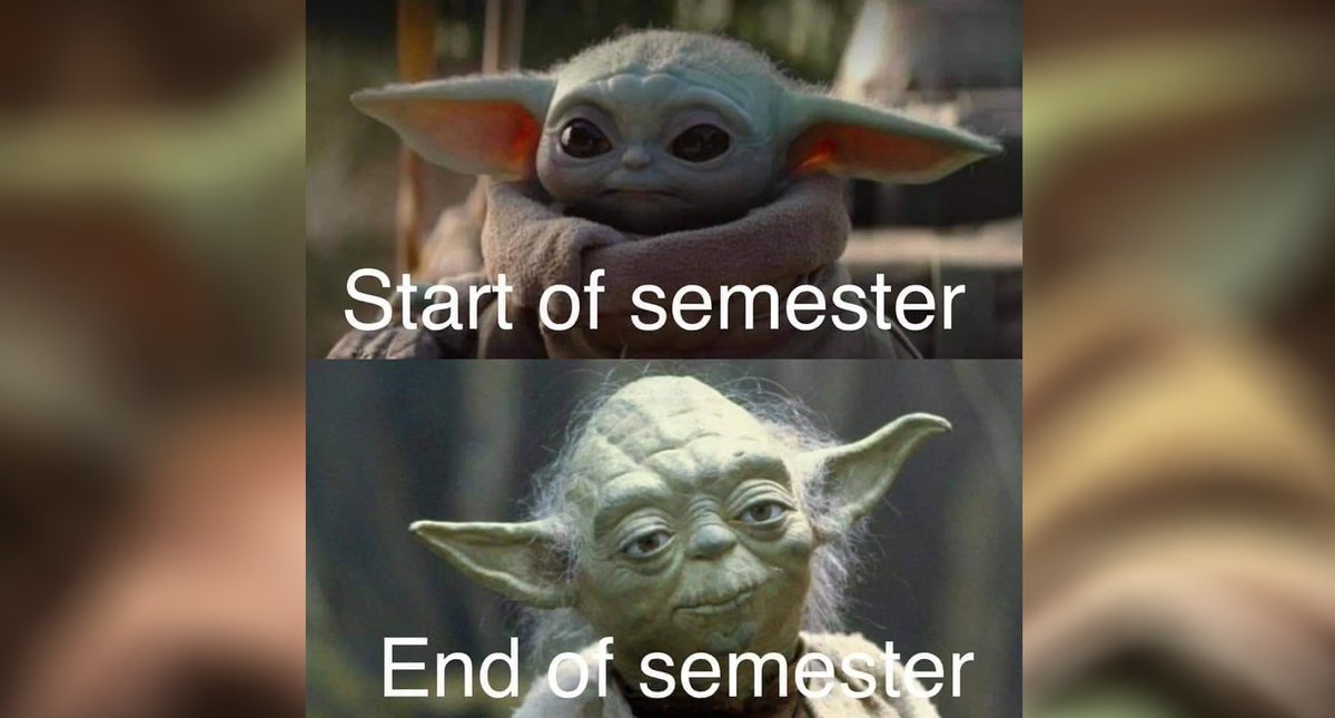 Photo comparison of baby yoda and old yoda, with text reading "start of semester" and "end of semester"