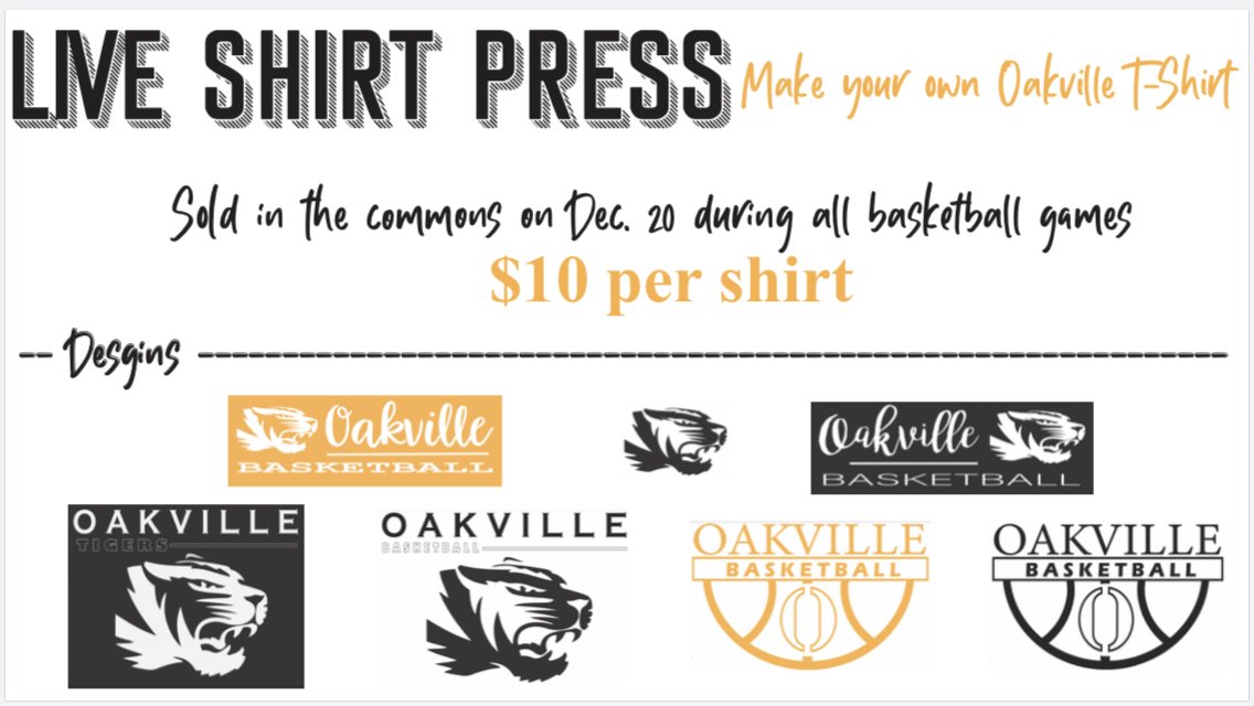 MrsMueller4's tweet photo. AMPED will be at the 🏀 games Friday, Dec. 20 selling and pressing shirts. Your choice in color and design!!! Only $10. See you in the commons. First game time 4:15p. #OurHouSe @OHS_Tigers @bsrthompson https://t.co/AKDyzTWQlR