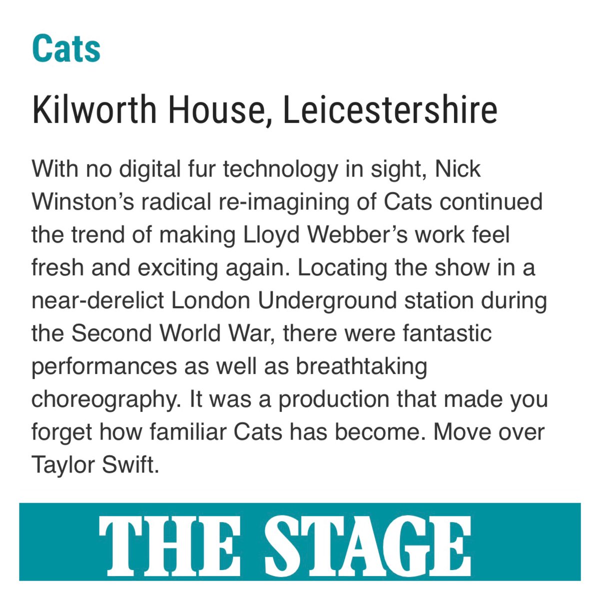 N1CKW1NSTON's tweet photo. How lovely @OfficialALW CATS @KHTheatre has been listed as one of the Top 50 shows of 2019 in The Stage 

https://t.co/gb1znGcNRK https://t.co/F5Lhfj0cpk