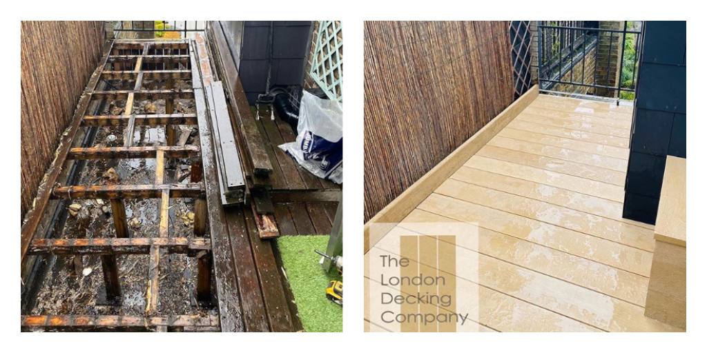 LondonDeckingCo's tweet image. These old rotten timber boards were removed, and new composite #decking installed all in one-day. What a result!

#MillboardCompositeDecking #DeckingDesign