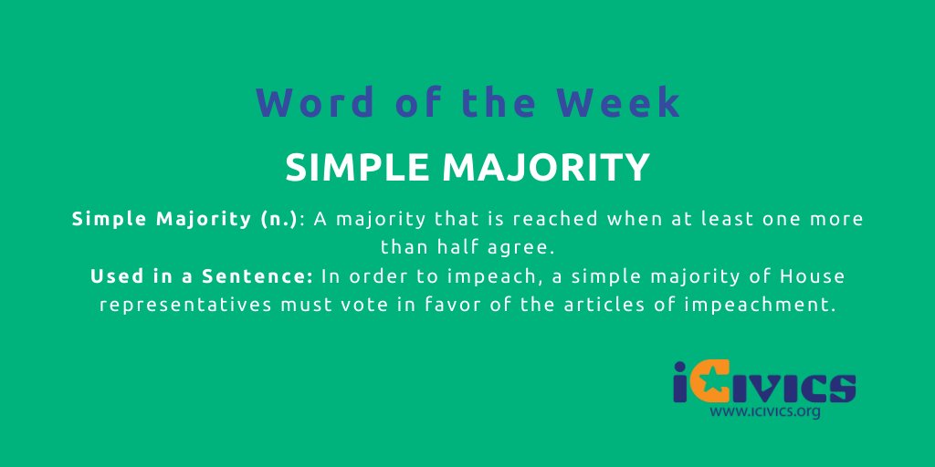 icivics's tweet image. Are you watching the House of Representatives debate with your students? 

Simple Majority is a phrase to discuss.
#TeachingImpeaching #HSGovChat