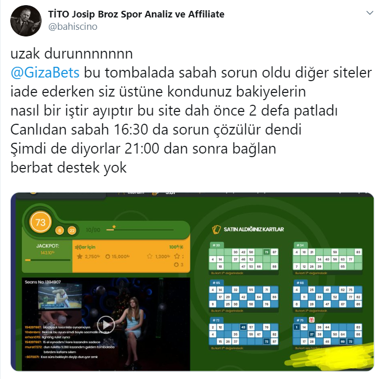 bahiscino's tweet photo. @Tevfik11999430 @GizaBets uzak durum bakiyemin üzerine kondu.
Tombala oynadım oyun dondu tüm sitelerde oldu bu sorun güncelleme varmış. Diğer sitelerden arkadaşlarla konuştum iade etmişler bahisleri @GizaBets üstüne kondu bahislerin.
Daha önce 2 defa site dolandırıcılıktan kapatıldı kesinlikle güvenmeyin https://t.co/1bvjlsnTuH