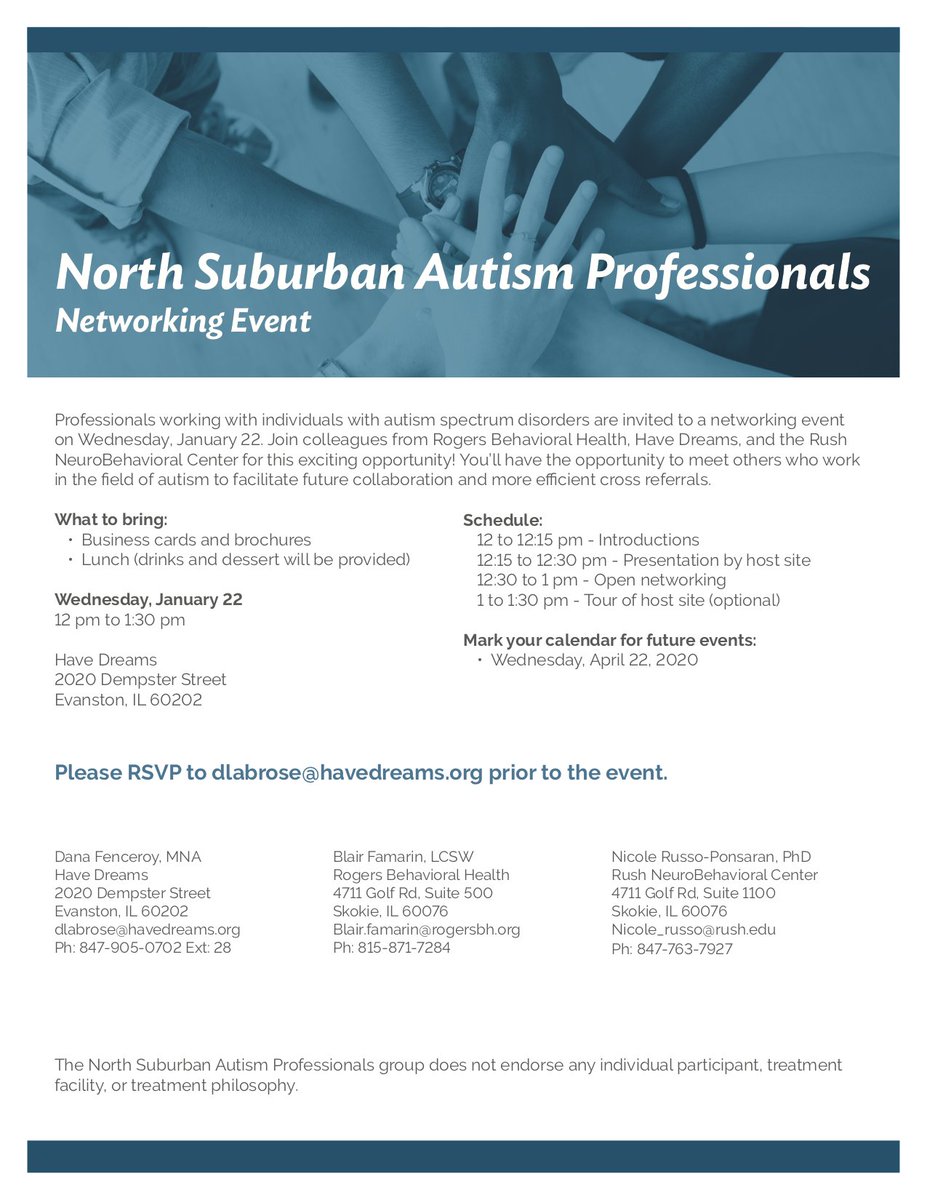 havedreams's tweet photo. #NorthSuburbanAutismProfessionals networking event on 1/22 at #HaveDreams w/ @Rogers_BH &amp; @RNBCorg Click image to see how to RSVP! #autism #autismservices #autismprograms #autismprofessionals #autismawareness #autismacceptance #autismsocialskills #autismadults #autismemployment https://t.co/EqMN36TXbR