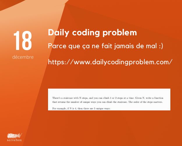Parce que ça ne fait jamais de mal :)

dailycodingproblem.com

#CalendrierAvent #OnAimeOnPartage
cc <a href="/codingproblem/">Daily Coding Problem</a>