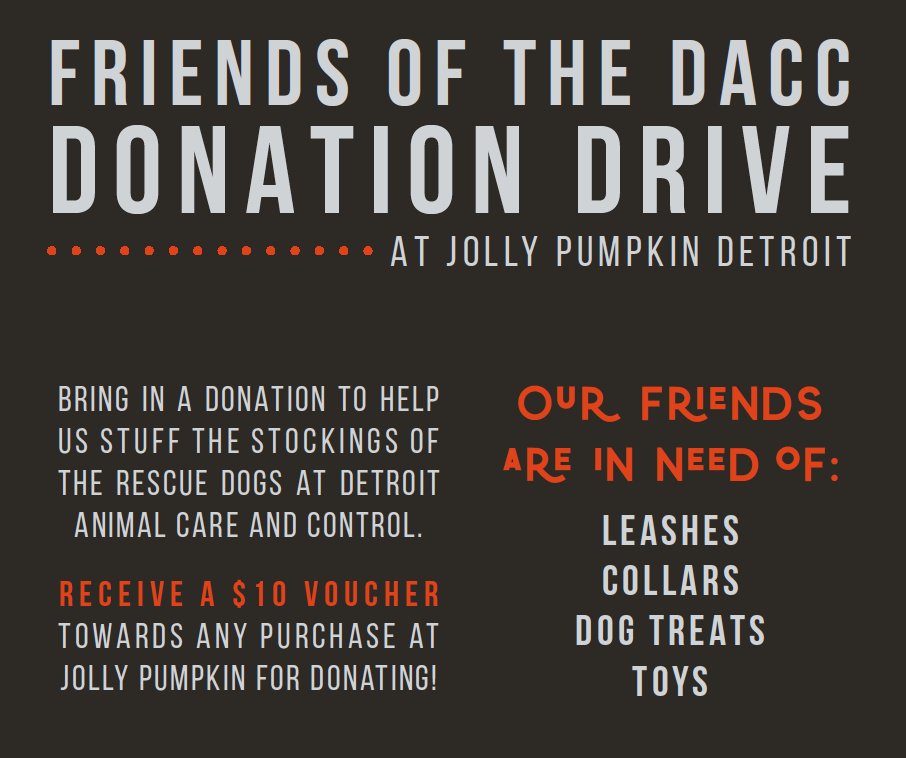 Now through December 24th we are doing a donation drive to our friends at our local Detroit Animal Shelter! 🐶Stop in with a gift for our local pup friends this holiday season and get a $10 Jolly voucher for yourself.