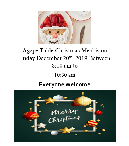 AgapeTable's tweet photo. Agape Table Christmas Meal is on Friday December 20th, 2019 between 8:00 am to 10:30 am Everyone Welcome #agapetable #Winnipeg #Manitoba https://t.co/e3hqoYBhi4