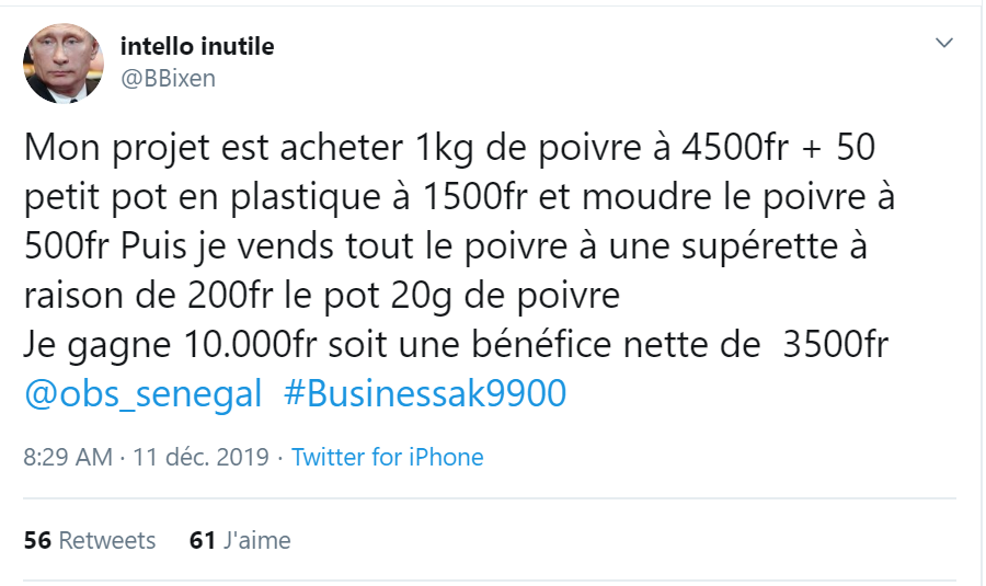 obs_senegal's tweet photo. Qui l’eut cru ? 9900 pour créer un business de poivre. Bravo à @BBixen pour son idée fortement appréciée !
Avec @OBS_senegal votre idée de business se développe avec 9900 FCFA.
#Businessak9900 #Jamonopro https://t.co/UTs4zuxKXa