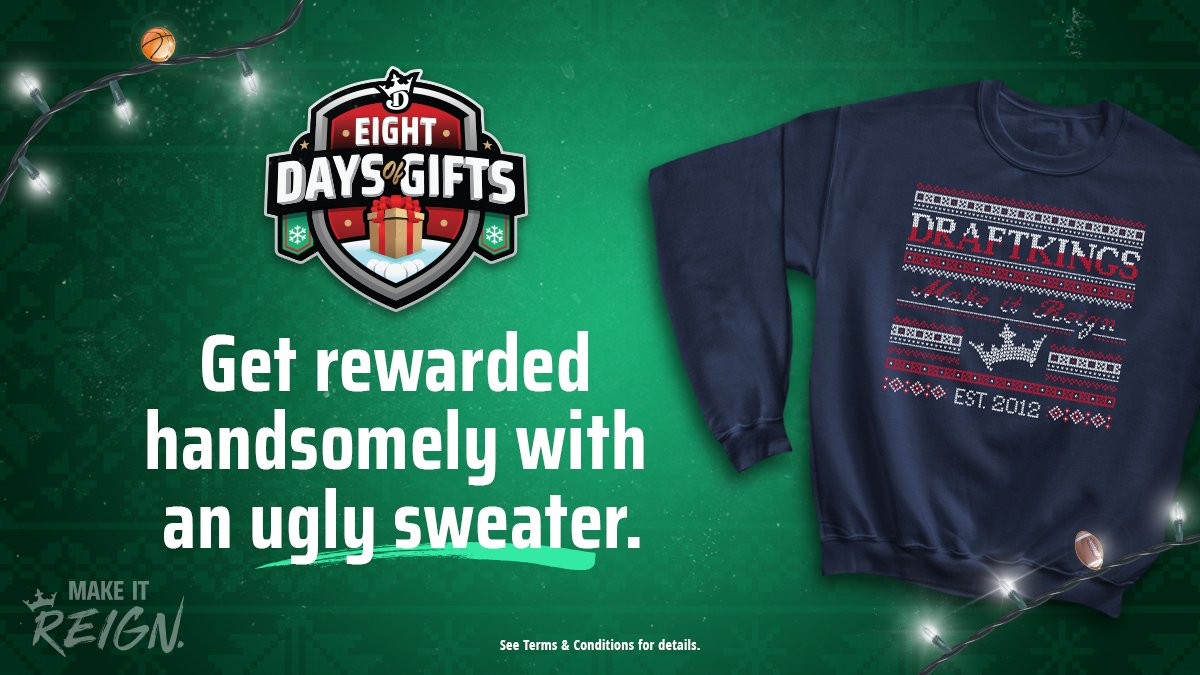DraftKings's tweet photo. 🎁 UGLY SWEATER GIVEAWAY 🎁  

As part of our 8 Days of Gifts, 10 random lucky winners will get a FREE DraftKings Ugly Sweater! To enter: 

🔄  RT this post
☑️ Follow @DraftKings

Ends 12/19 at 12 PM EST.
T&amp;C: https://t.co/GYYvzGhkPy
Learn more: https://t.co/6jvAqoP1tI https://t.co/iItCDlL4Fx