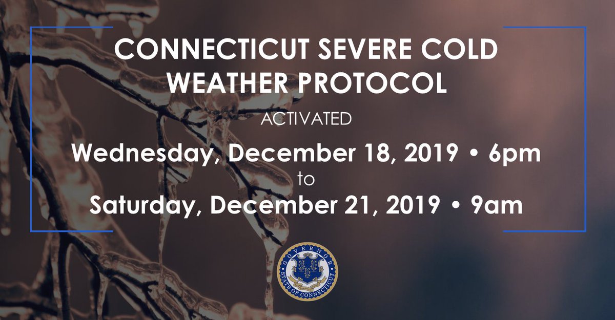 GovNedLamont's tweet photo. As bitter cold temps move in, we're activating the state's Severe Cold Weather Protocol from 6PM today to 9AM Saturday. The protocol directs state agencies to work with providers &amp; ensure the most vulnerable receive protection. To find shelters call 2-1-1. https://t.co/UxsOTdaJNG https://t.co/u0QuGBxD5I