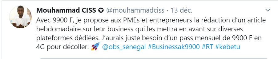 obs_senegal's tweet photo. @BBixen Bravo à @mouhammadciss pour son idée de rédaction d’article hebdomadaire pour les PME et les entrepreneurs!
Avec @OBS_senegal votre idée de business se développe avec 9900 FCFA.
#Businessak9900 #Jamonopro https://t.co/MhvBQX6t7k