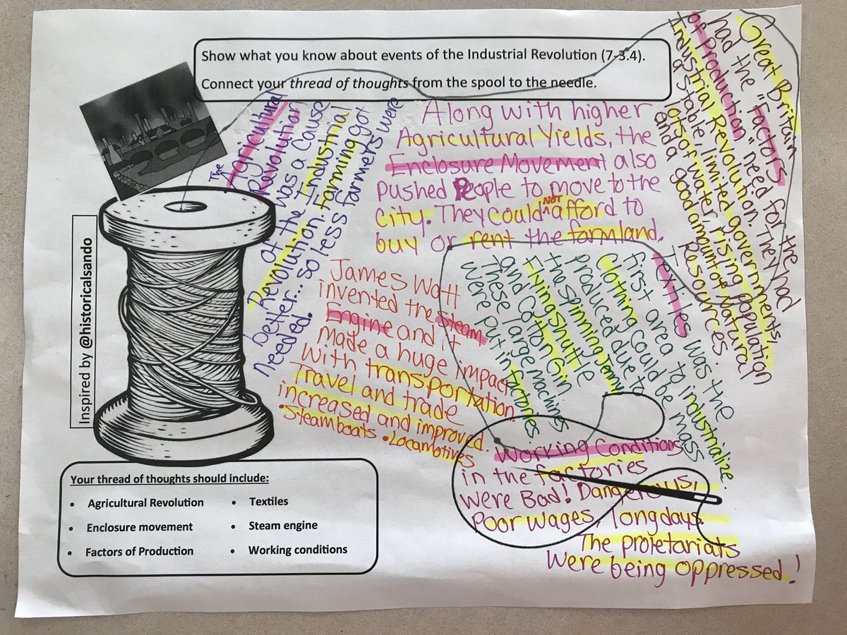 CathleenLacey's tweet photo. Students were able to show what they know through writing out their “thread of thoughts” connecting various topics from our study of the Industrial Revolution. Thank you @historicalsando for inspiring this! #WeWriteEveryday https://t.co/iASuwvo5GQ