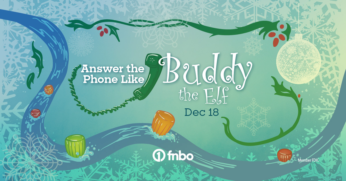 fnbo's tweet photo. “Buddy the Elf, what’s your favorite color?” 📞 Well, Buddy, thanks for asking — ours is green! 💚 Who else thinks Buddy’s green outfit would fit in perfectly here at FNBO? Although we may have to teach him a thing or two about answering phones. #AnswerthePhoneLikeBuddytheElf https://t.co/iTf0RpyMmF