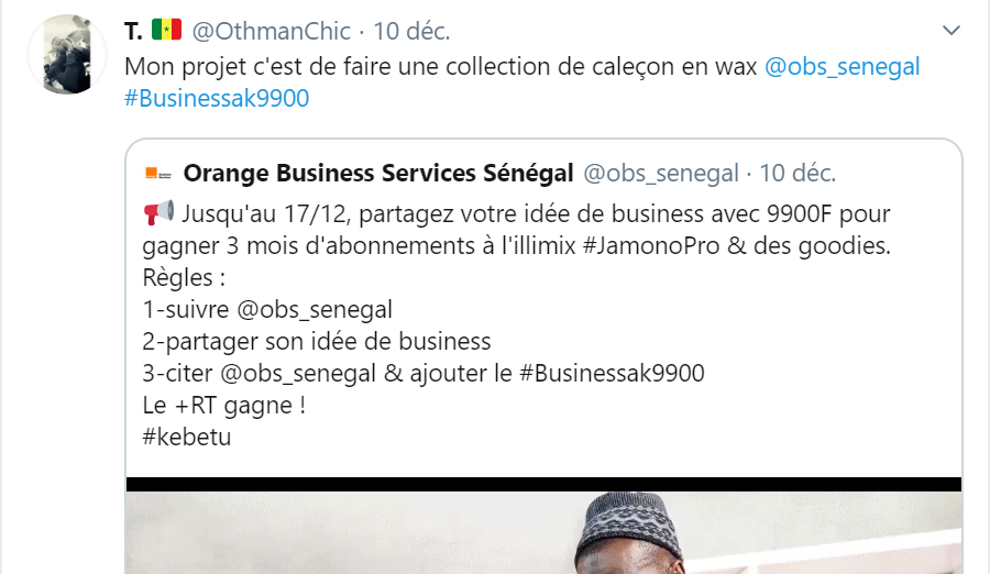 obs_senegal's tweet photo. @BBixen @mouhammadciss Félicitations à @OthmanChic pour son business très stylé de ligne de caleçon en wax !
Avec @OBS_senegal votre idée de business se développe avec 9900 FCFA.
#Businessak9900 #Jamonopro https://t.co/pTygfdVTWN