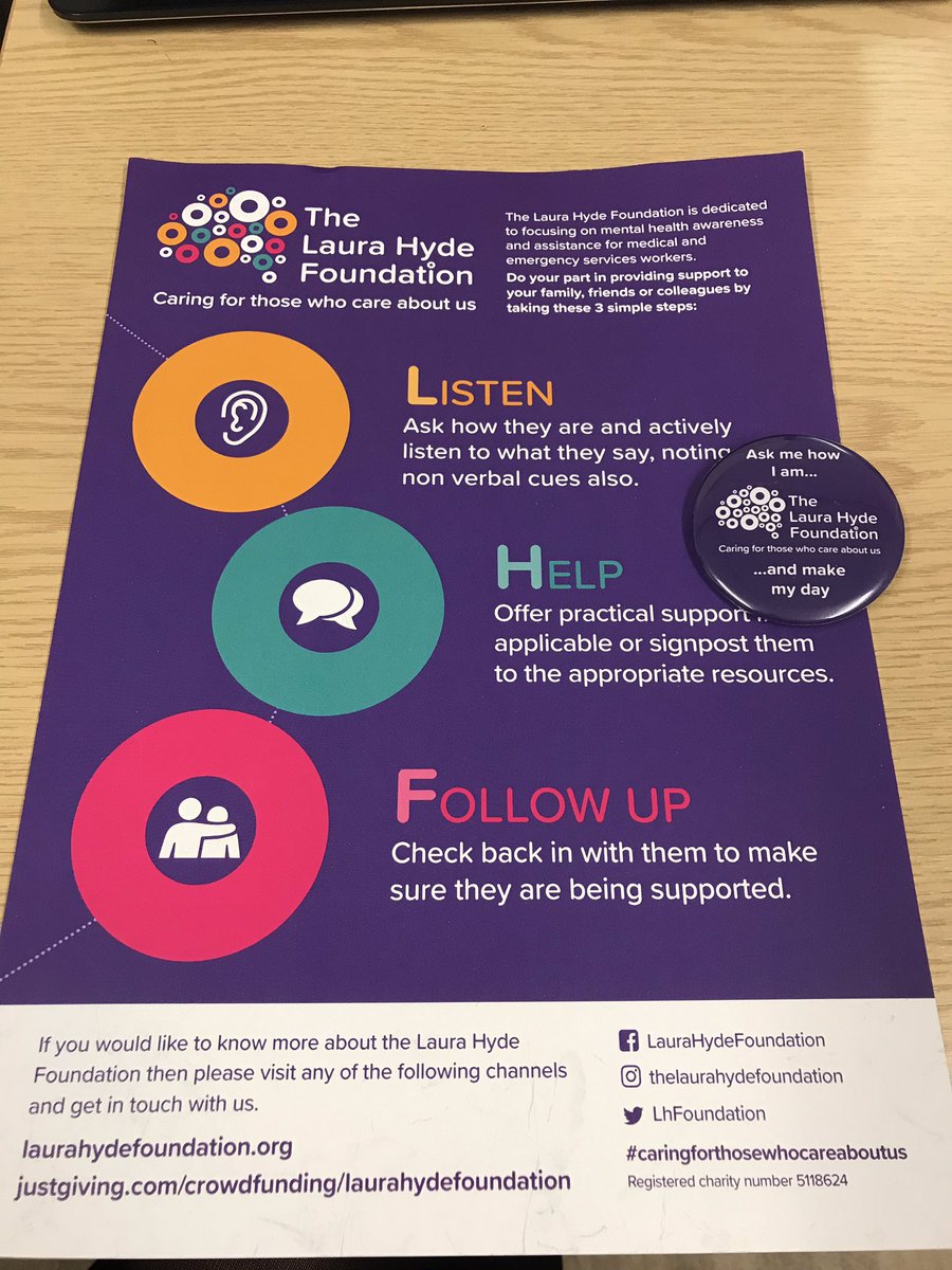 FionaWheelton's tweet photo. @WHHNHS and MSK CBU supporting The Laura Hyde Foundation
- Listen 
- Help
- Follow Up 
The Foundation is dedicated to focusing on mental health and assistance for medical and emergency services workers 

Look out for each other ❤️🤗

@LhFoundation @Chrisevans29 @Kimberley_S_J https://t.co/KQbxoliNYX