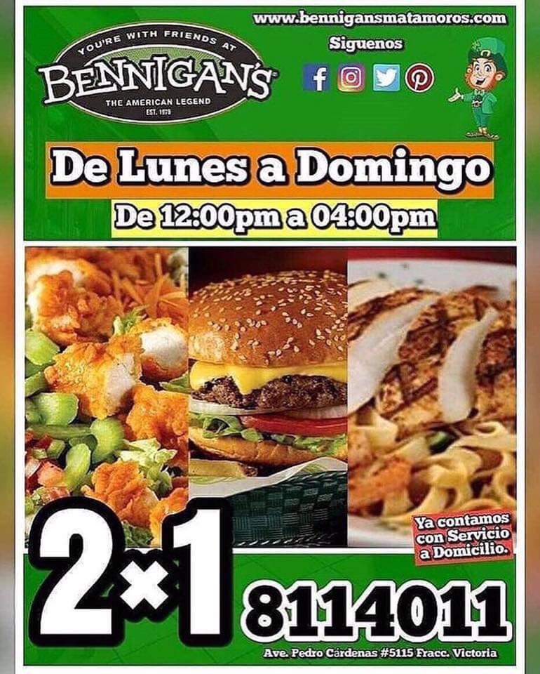 BennigansMaat's tweet photo. Por que todos los días son especiales en #BennigansMatamoros #Miercoles 2x1 de 12pm a 4pm en #Hamburguesa #pasta #Ensalada y durante todo el dia  #Pastas 2x1   #Cervezabotella al 2x1 #BENNIGANSMATAMOROS #IMBENNIGANS #ilovebennigans  #imbennigans #bennigans https://t.co/TCKP4zlOaw