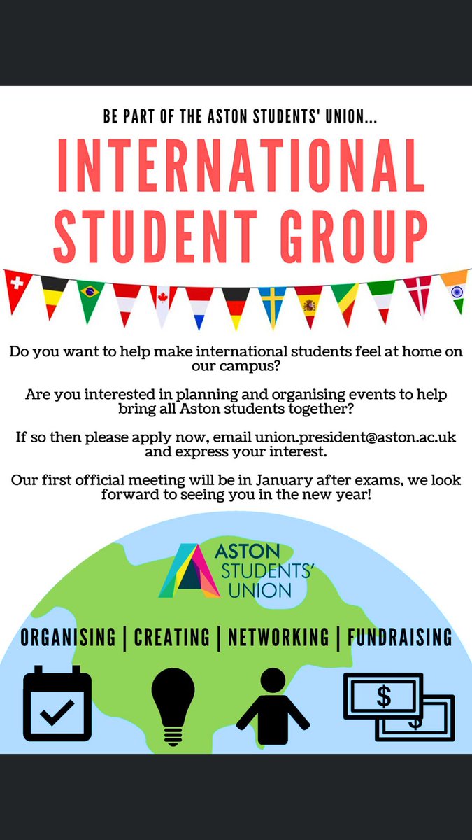 AstonPresident's tweet photo. 🌟The International Student Group is being set up for term 2 🌟
This will be a great chance to help make our campus more inviting for international students, and run events to bring everyone together ❤️
#internationalstudents #astonuniversity #astonsu #weareaston #birmingham https://t.co/lZMm5b3g8z