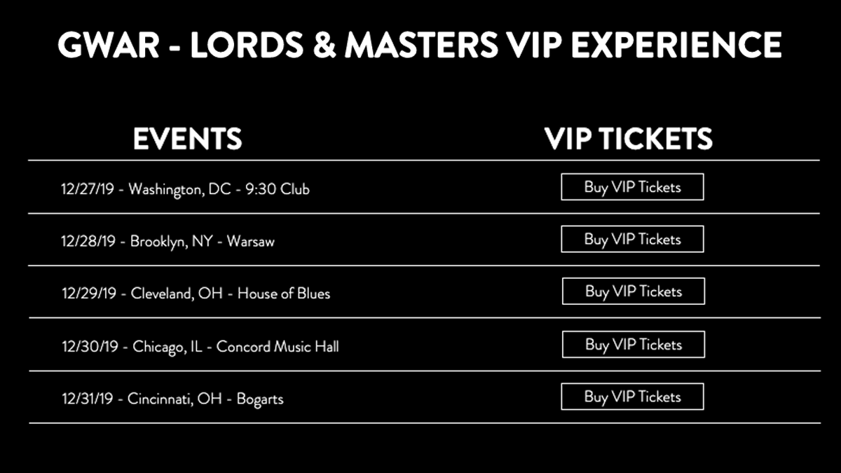 gwar's tweet photo. Still some VIP tickets left for the last 5 shows of 2019 at https://t.co/xAMGal2Gcs. What better way to end the year, and your pathetic life, by meeting your Lords &amp; Masters, and then getting shoved into the meat grinder. These will sell out. #GWAR #UseYourCollusionTour #GWARVIP https://t.co/vTx2ybbH9s