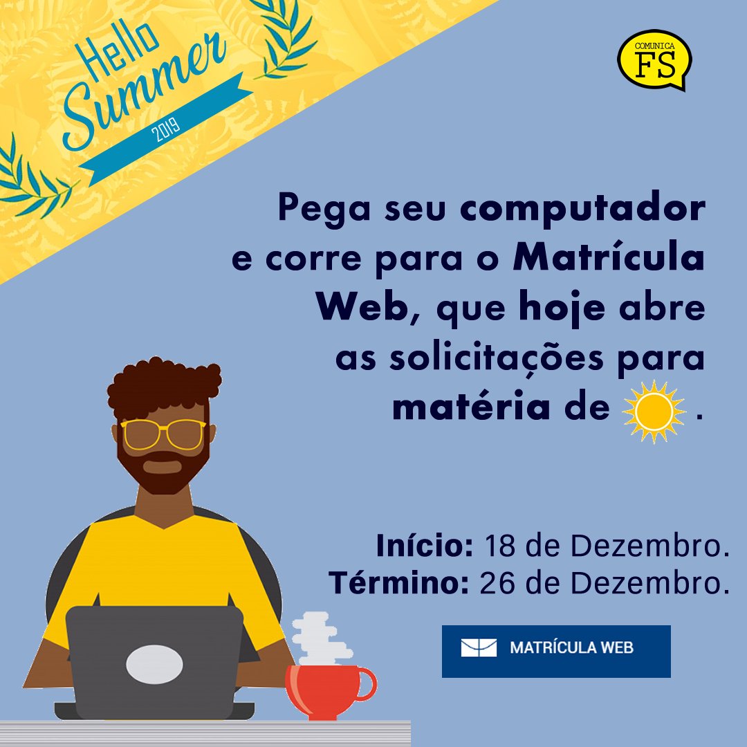 comunicafs's tweet photo. Hoje desde 00h iniciou-se as solicitações para matéria de verão. Você quer adiantar o curso, ou está precisando de créditos para a tão sonhada colação? Está ai a oportunidade! O sistema ficará disponível até às 18h do dia 26 de Dezembro. https://t.co/gh8hnsayh8