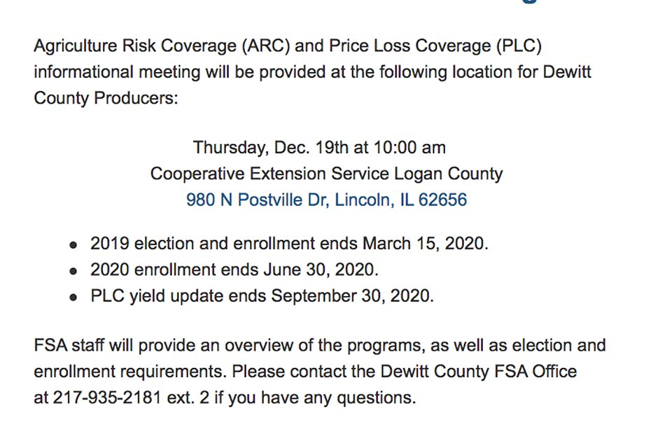 DeWittCountyFB's tweet photo. The FSA's ARC and PLC Informational Meeting will be provided for DeWitt County producers in Lincoln on December 19👇 https://t.co/CDHSaiKieO
