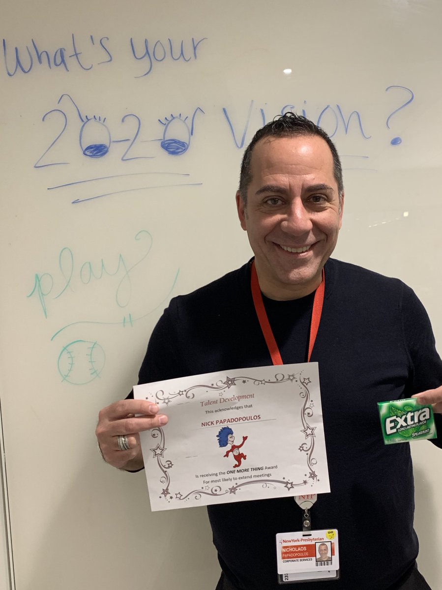 CoachNickNYC's tweet image. Today my #nyp team gave me the prestigious award called the, “One More Thing” award - Most likely you extend meetings a accompanied by my “Extra” gum. 

What are they trying to say? ;)
#asklotsofquestions 
#asksmartquestions 
#talksalot