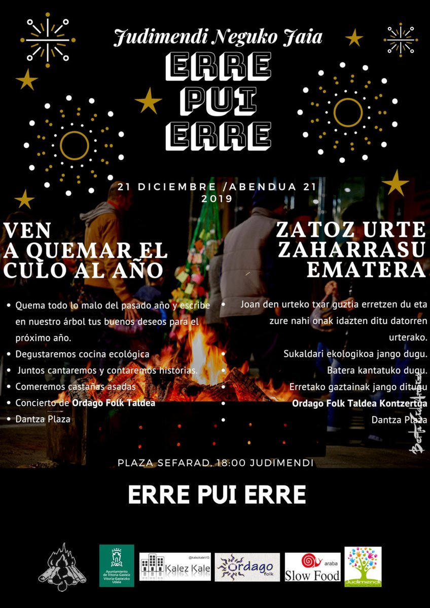 El día 21 de diciembre no te pierdas por segundo año el Erre Pui Erre, vamos a celebrar el solsticio de invierno, música, fuego, danza, castañas, degustación y mucho más. En la plaza Sefarad a las 18:00.
judimendikoak.com/erre-pui-erre-…