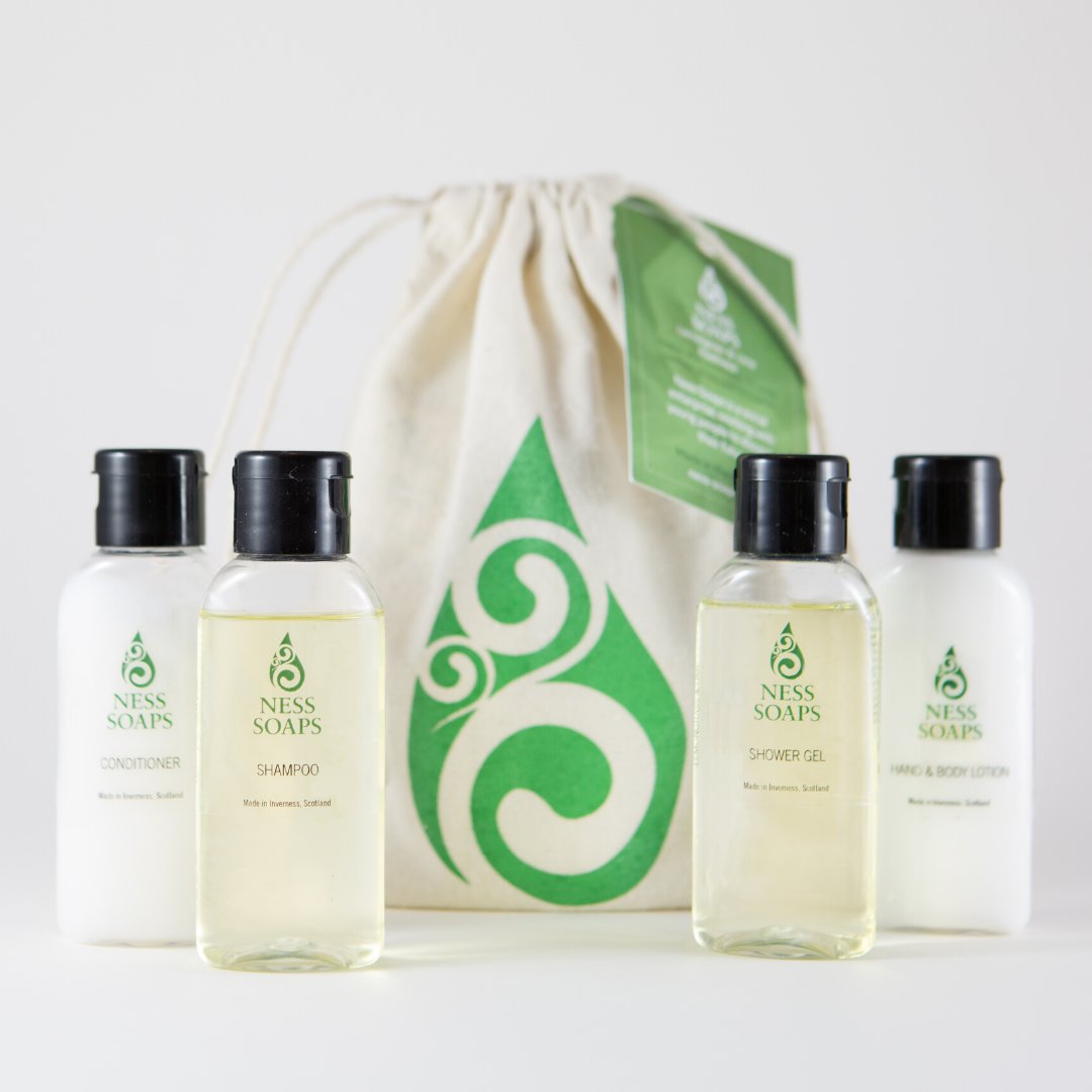 Our lovely travel packs make the perfect stocking fillers 🎁 

Each pack contains a mini shower gel, shampoo, conditioner and hand &amp; body lotion and is available in our three scents - Bog Myrtle, Lemon &amp; Lavender, Lemongrass &amp; Lime and Rose Geranium 🌲

#NessSoaps