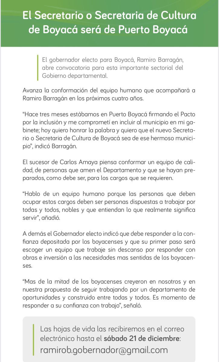 primero_en's tweet photo. #PrimeroEnPolítica El secretario de Cultura del gabinete de Ramiro Barragán será de Puerto Boyacá

El gobernador electo para Boyacá, Ramiro Barragán, abre convocatoria para esta importante sectorial del Gobierno departamental. https://t.co/IipsVa2G17
