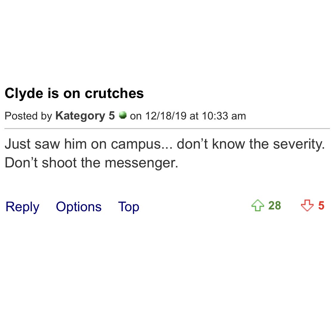 PremiumCFB's tweet photo. Reports are saying that Clyde Edwards Helaire is on crutches today. 

Could possibly be a hamstring issue — prayers up 🙏 https://t.co/YzxOiWPpmX