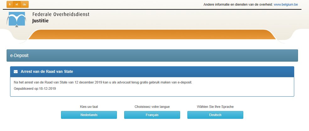 jurinfo_eric's tweet image. E-deposit terug open gesteld voor advocaten (gratis) na arrest raad van State: access.eservices.just.fgov.be/edeposit/nl/  #advocatuur #edeposit