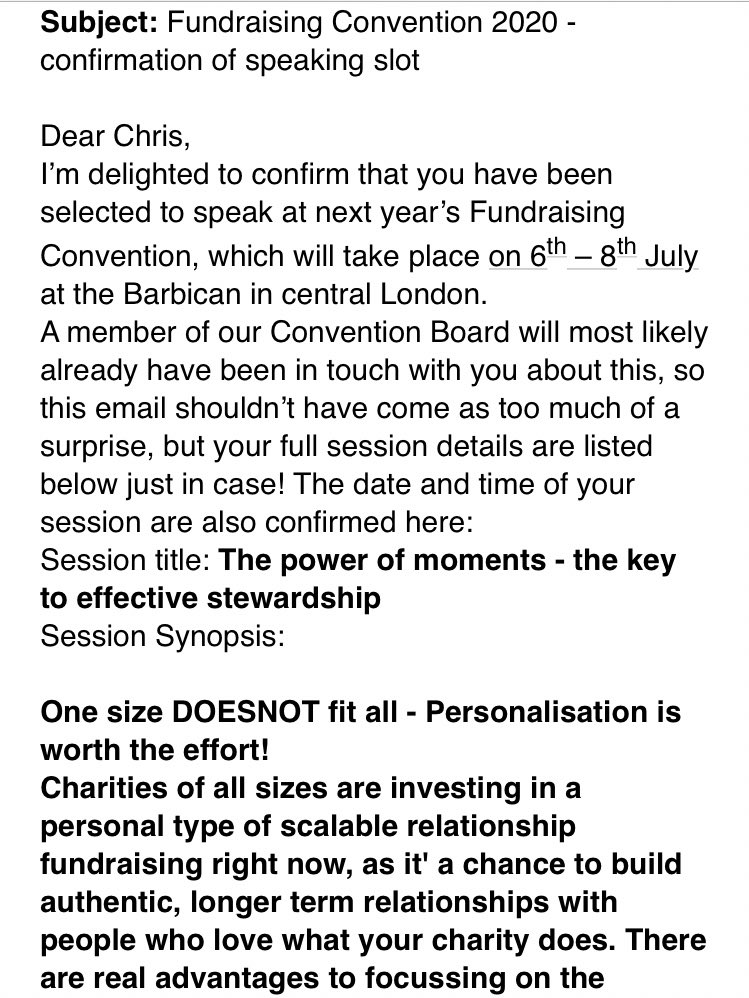 Absolutely delighted to represent #CommunityFundraising in 2020’s @IoFtweets convention! I’ll be sharing my top tips on effective stewardship and why personalisation is worth the effort! Time to create some banging handouts! #proudfundraiser #firsttimespeaker