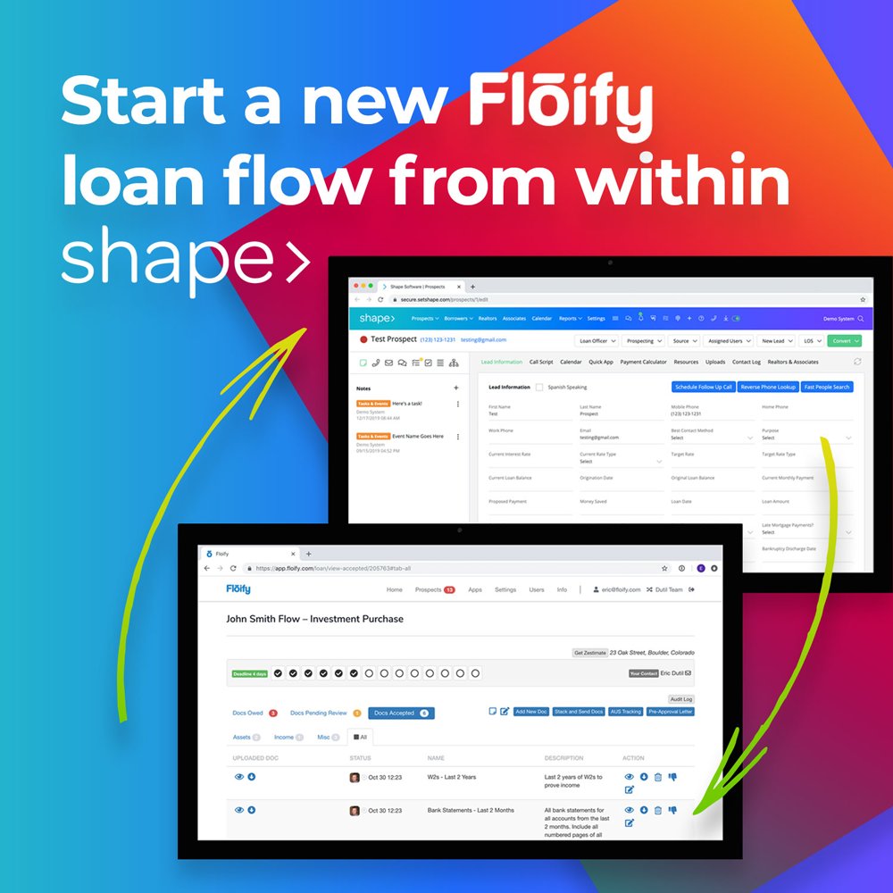 ShapeBizTech's tweet photo. Start a new loan flow from within Shape! Shape Software directly integrates with digital Point of Sale (POS) and mortgage automation solution, Floify! Save time, simplify your workflow, and increase production. Sign up today! #shapesoftware #floify #mortgagesoftware https://t.co/eD02w0wUYY