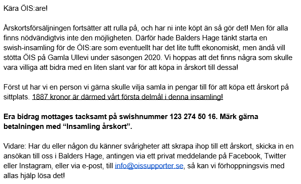 BaldersHageOIS's tweet photo. Balders Hage startar insamling till årskort för de som har ett tufft ekonomiskt läge, men som vill följa ÖIS. Skänk gärna några kronor till 123 274 50 16! https://t.co/f16Z3nLVnu